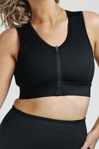 Zip Up Crop Bra - Black